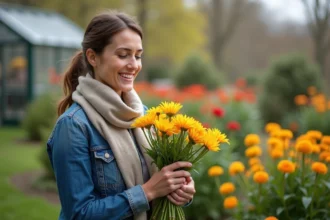 Femme souriante dans un jardin en fleurs au printemps