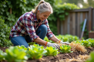 Femme en plaid et gants étalant de la paille dans le jardin