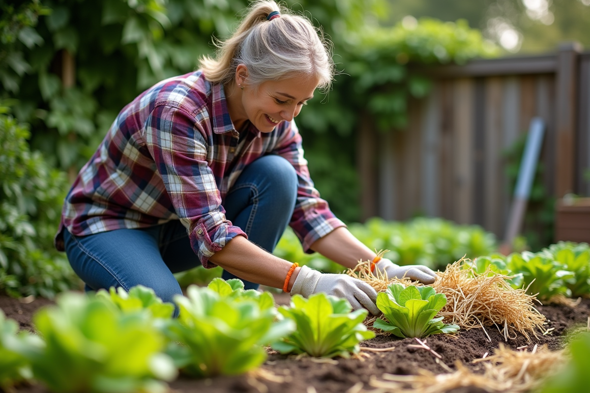 Femme en plaid et gants étalant de la paille dans le jardin
