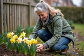 Femme examine des bulbes de narcissus dans un jardin au printemps