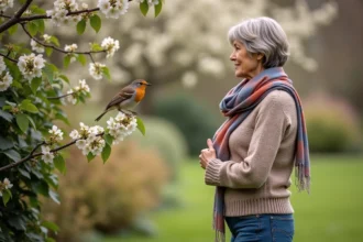 Femme en pull dans un jardin printanier avec un rouge-gorge