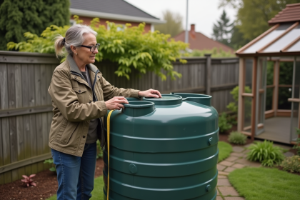 Femme en extérieur vérifiant un réservoir d'eau de pluie dans un jardin
