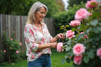 Femme en blouse florale et jeans prunant des roses dans son jardin