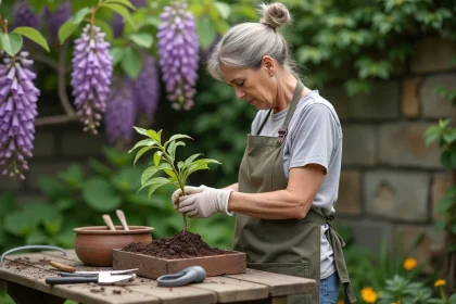 Femme en jardinage tenant une jeune glycine dans un jardin