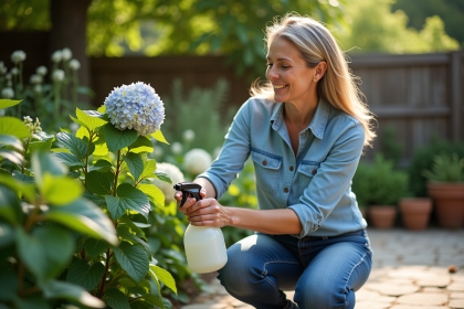 Femme en tenue de jardinage arrosant une hortensia fanée