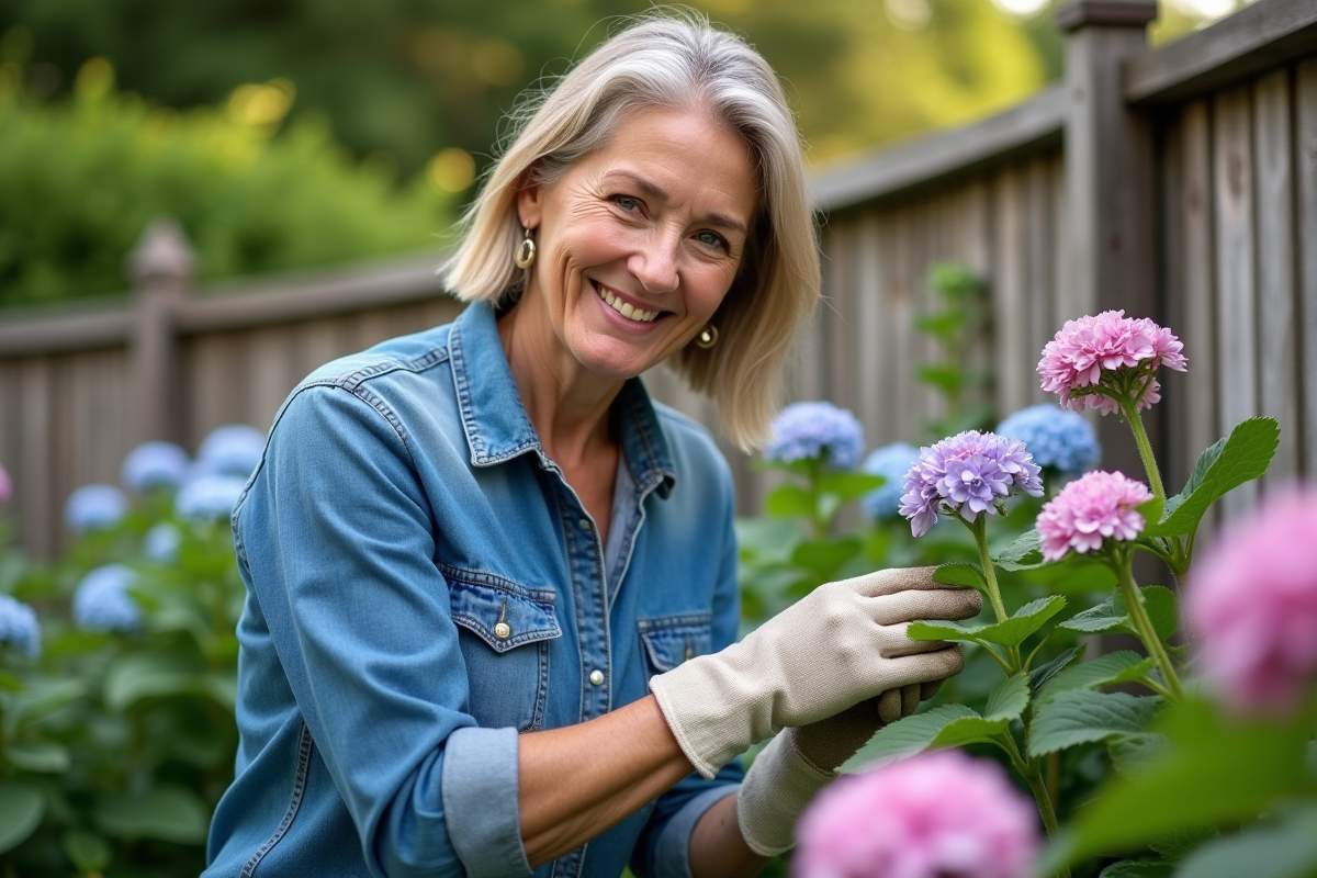 Femme souriante en jardinage avec hortensias roses et bleus