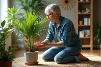 Femme inspectant un palmier en intérieur avec fertilisant
