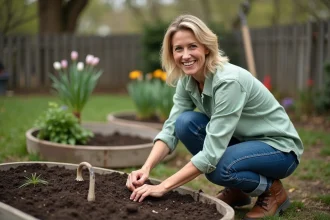 Femme plantant des bulbes dans un jardin au printemps