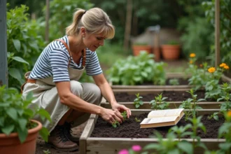 Femme jardinière en tablier de lin plantant des semis dans un potager en permaculture avec un livre ouvert posé sur le bord du bac