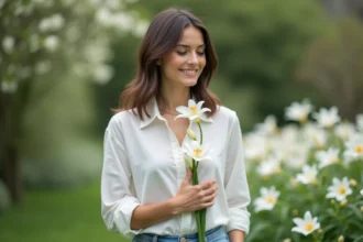 Femme avec lily blanche dans un jardin paisible