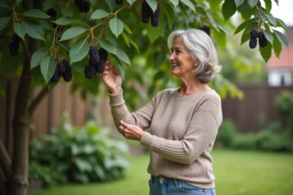 Femme examinant des mûres mûres dans son jardin