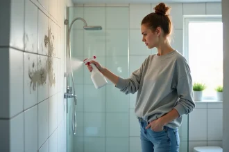 Femme nettoyant la moisissure dans la salle de bain