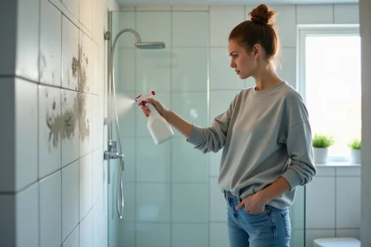 Femme nettoyant la moisissure dans la salle de bain