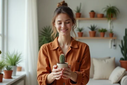 Femme offrant un cactus en pot à quelqu'un, symbole de cadeau végétal avec une signification affective