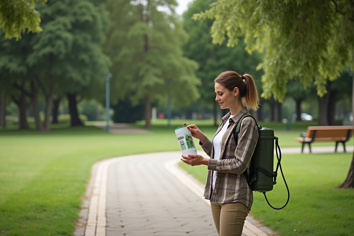 Femme avec pulvérisateur vérifiant produit anti-mousse dans un parc