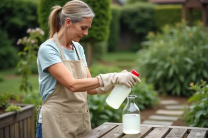 Femme versant du vinaigre blanc dans un spray pour préparer un désherbant maison dans son jardin