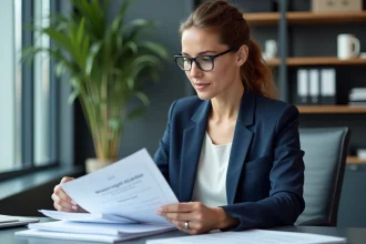 Femme professionnelle en bureau examinant des documents officiels