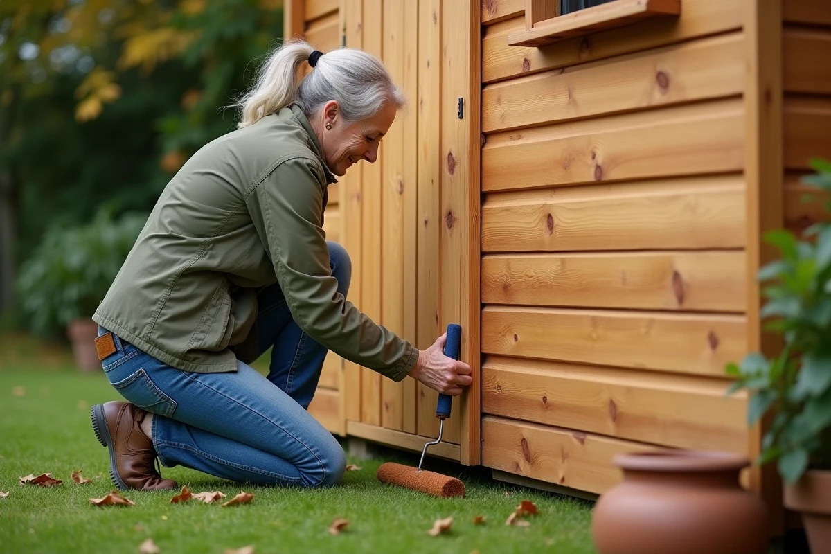 Femme appliquant un produit de protection au rouleau sur la base en bois d'un abri de jardin entouré de végétation automnale