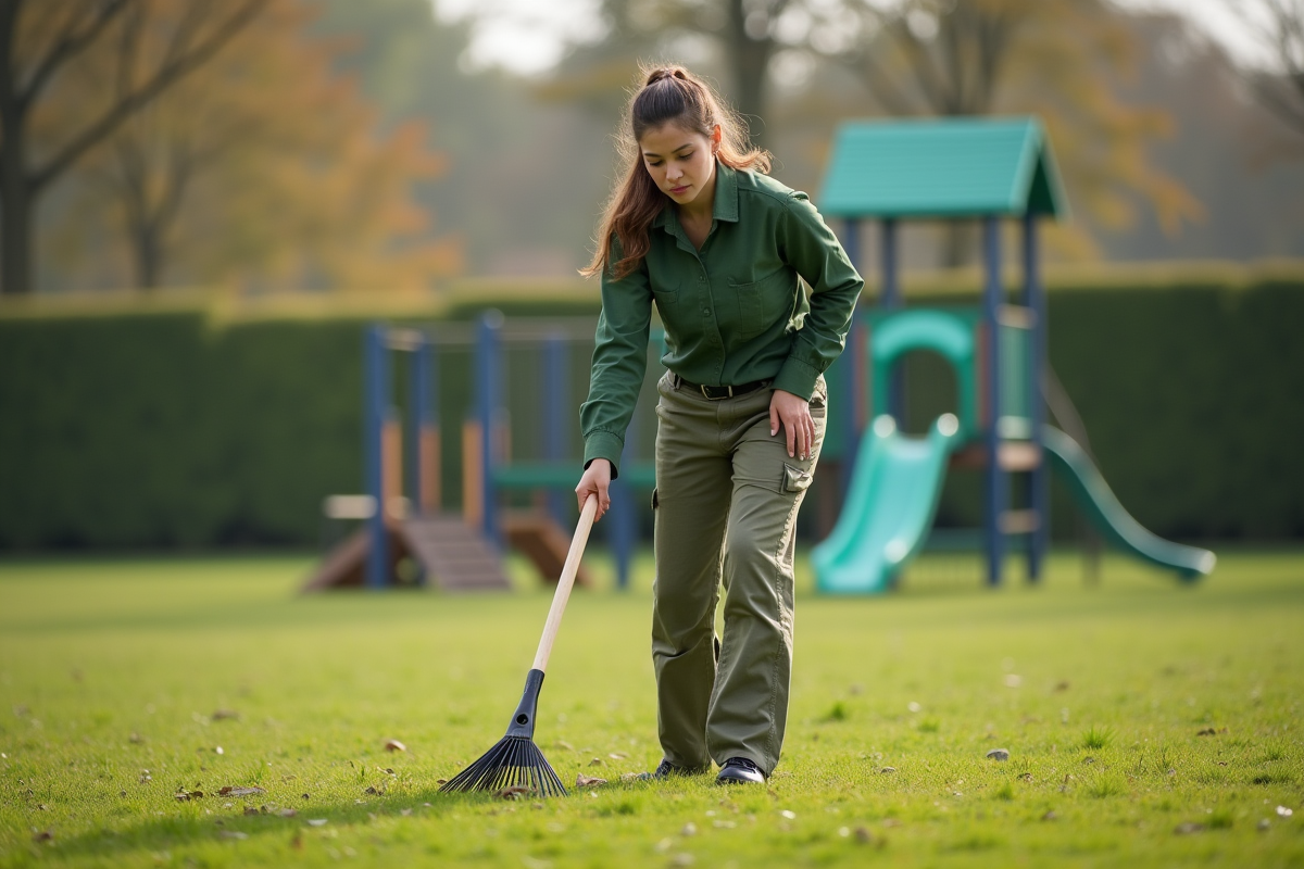 Jeune femme ratisse un gazon dans un parc public