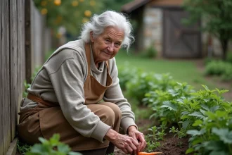 Femme âgée récoltant des carottes dans un jardin rustique