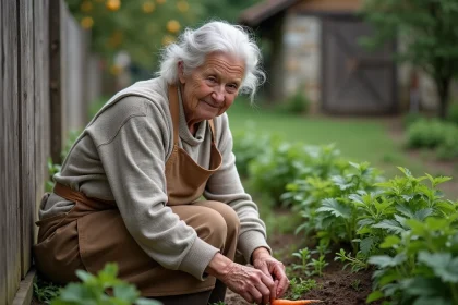 Femme âgée récoltant des carottes dans un jardin rustique