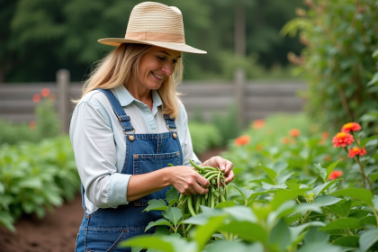 Femme en salopette récoltant des haricots verts dans un jardin