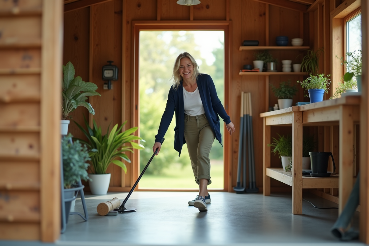 Femme souriante dans un abri de jardin avec sol en résine neuf
