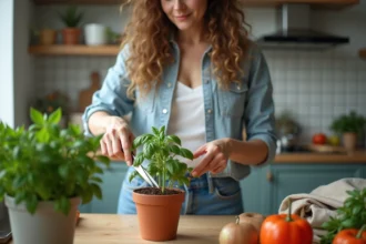 Femme taillant du basilic dans une cuisine chaleureuse