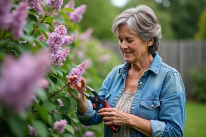 Femme taillant un lilas dans un jardin calme