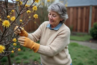 Femme taillant un mimosa avec des gants de jardinage
