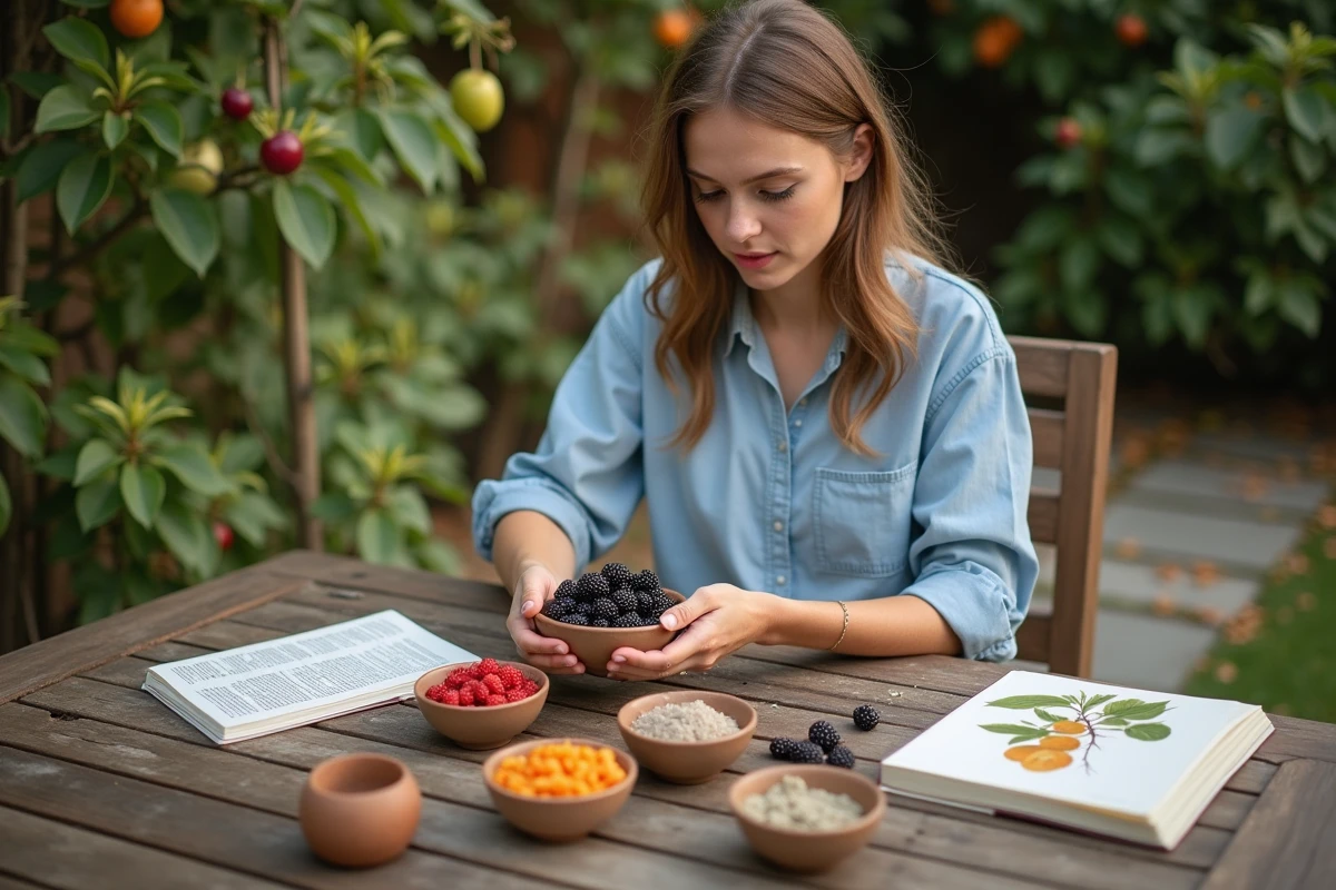 Jeune femme trie des mûres fraîches sur une table en extérieur