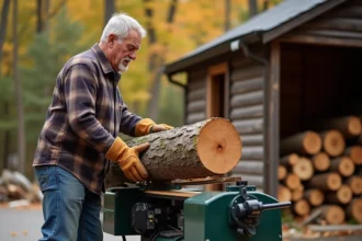 Homme utilisant une fendeuse de bois électrique professionnelle dans une cour avec des bûches de chêne empilées en arrière-plan