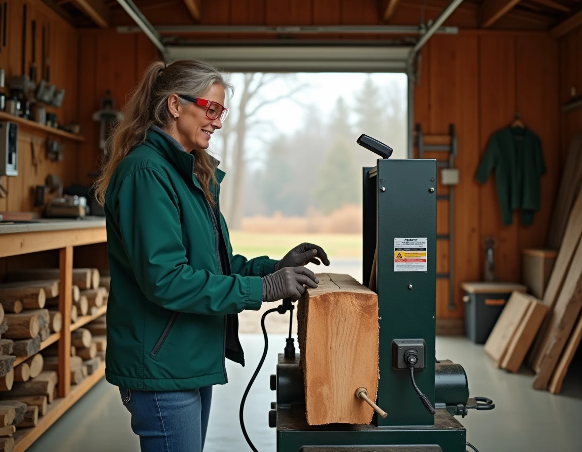 Femme utilisant une fendeuse de bois électrique verticale dans un atelier de garage organisé avec du bois de chauffage empilé