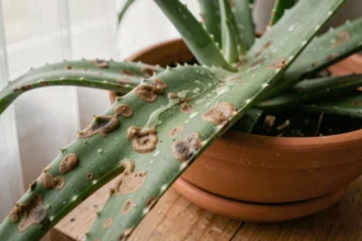 Feuilles d'aloe vera molles et tachées de brun en gros plan dans un pot en terre cuite, signe de maladie ou de pourriture racinaire