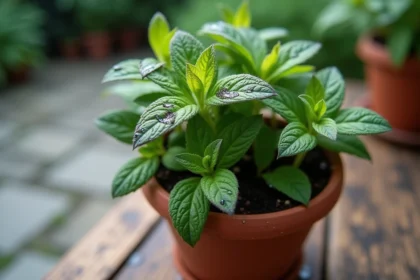 Feuilles de menthe noircies après arrosage dans un pot en terre cuite posé sur une table en bois, avec des gouttes d'eau visibles sur le feuillage endommagé