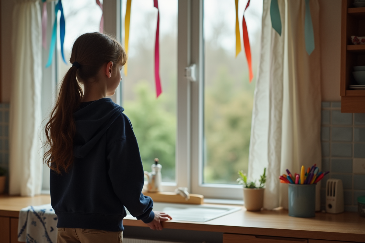 Fille regardant des rubans en intérieur près d