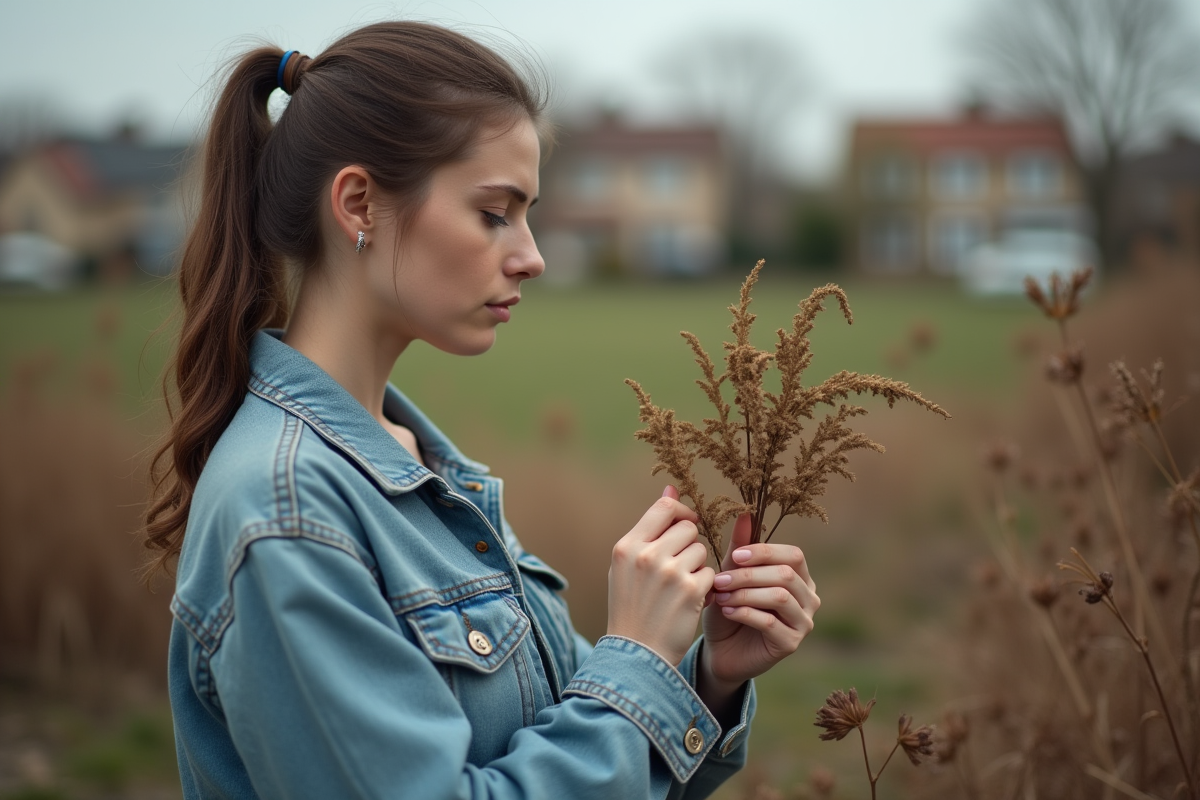 Jeune femme regardant des plantes fanées dans un jardin