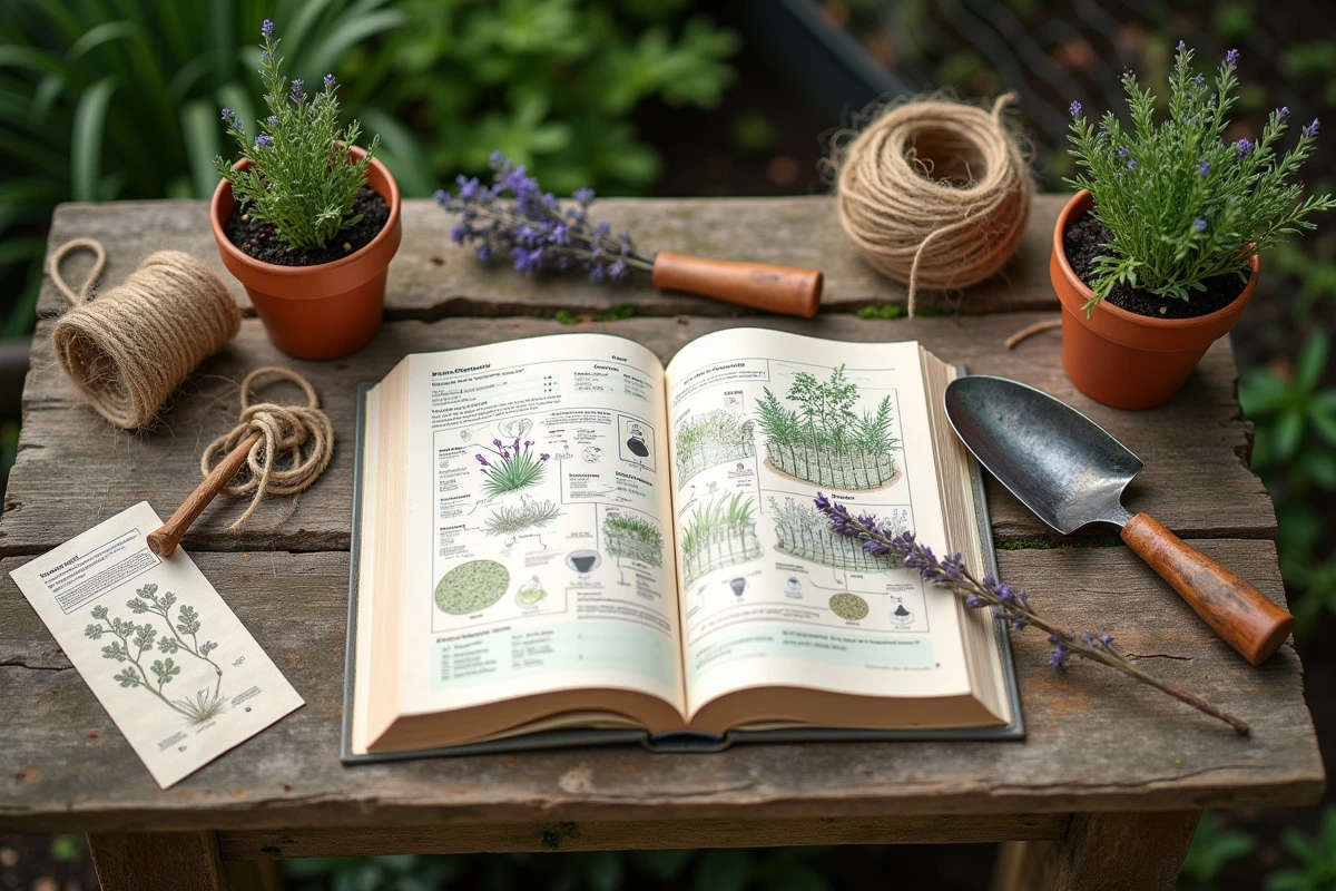 Mise en scène à plat d'un livre de permaculture ouvert avec des sachets de graines, un déplantoir et des semis sur une table en bois de jardin