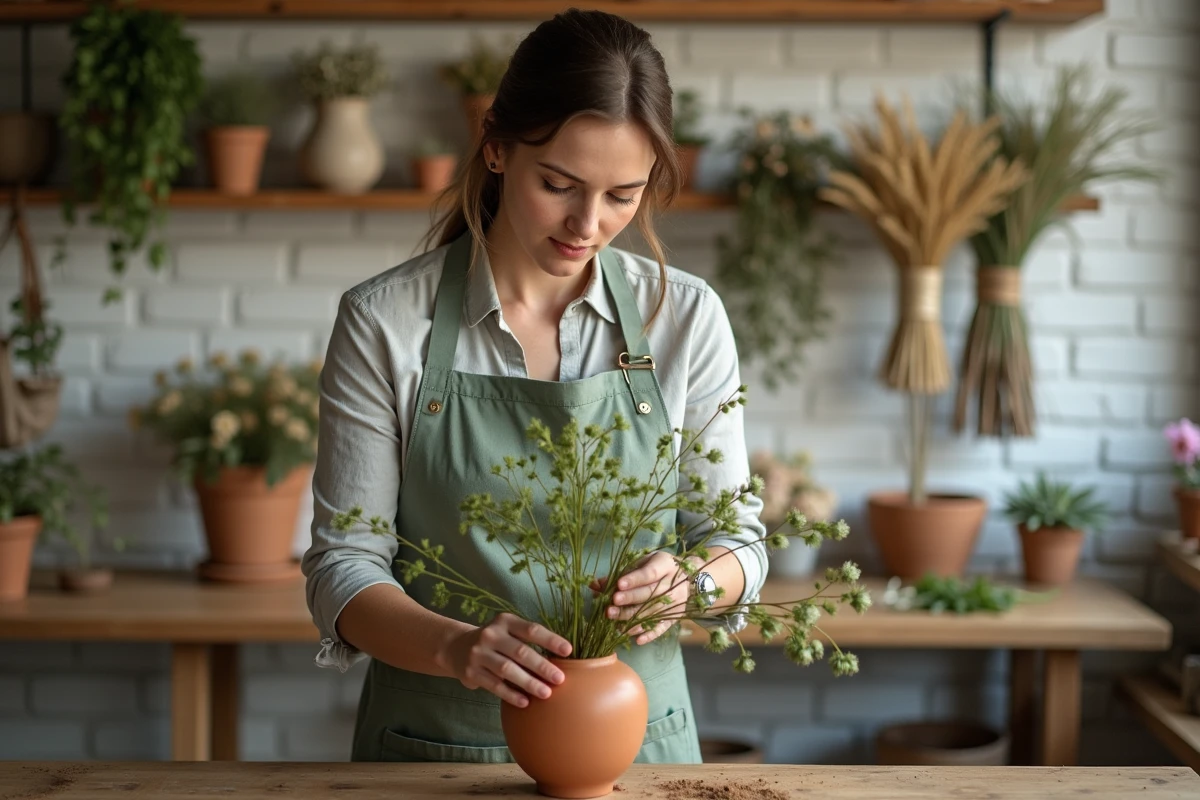 Fleuriste arrangeant des branches de Chamelaucium Geraldton Wax dans un vase en terracotta dans un atelier floral rustique