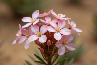Gros plan sur des fleurs de Chamelaucium Geraldton Wax rose et blanc aux pétales cireux sur tige ligneuse