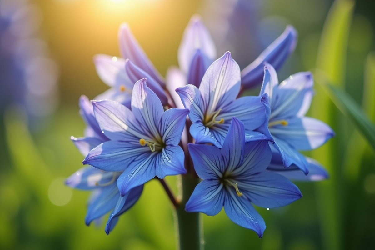 Groupe de delphiniums en pleine floraison dans un jardin ensoleille