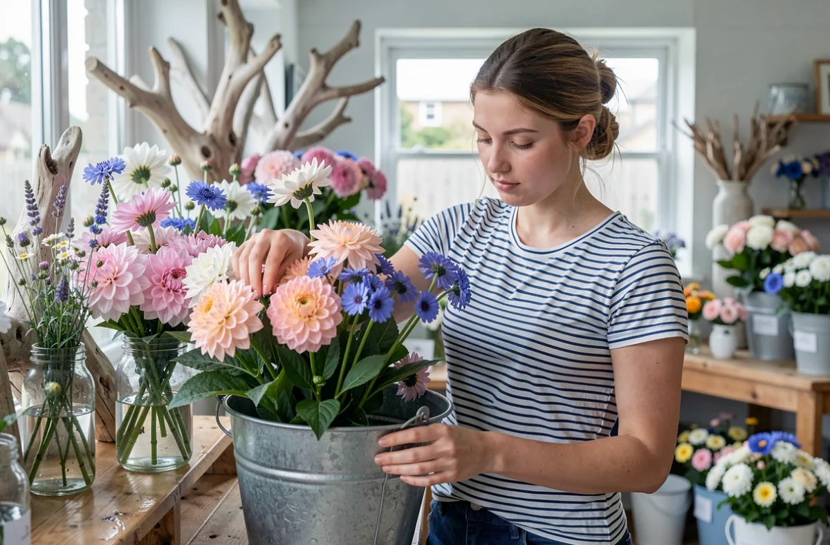 Fleuriste sélectionnant des tiges de dahlias dans des seaux émaillés chez Fleurs du Clos à Agon-Coutainville