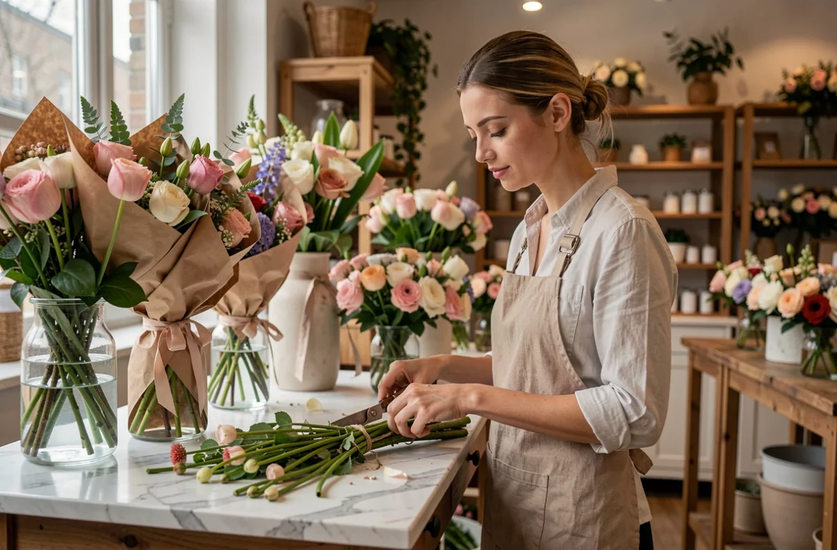 Fleuriste arrangeant des bouquets élégants dans la boutique Fleurs d'Élégance à Caen en Normandie