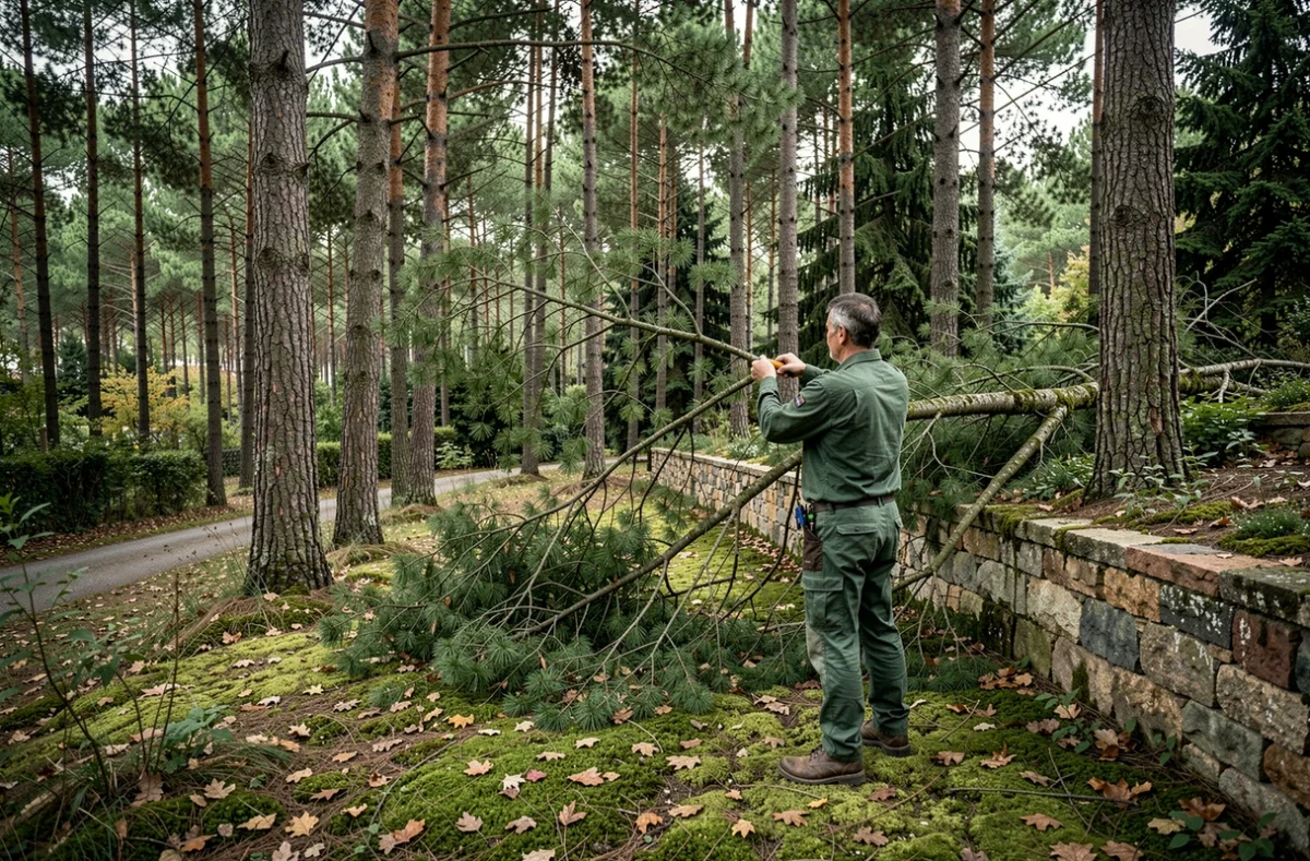 Jardinier Forest en tenue de travail verte élaguant des branches d'arbres et dégageant un sous-bois en lisière d'une propriété résidentielle