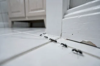 Colonie de fourmis noires marchant en file sur le carrelage blanc d'une salle de bain le long d'une plinthe