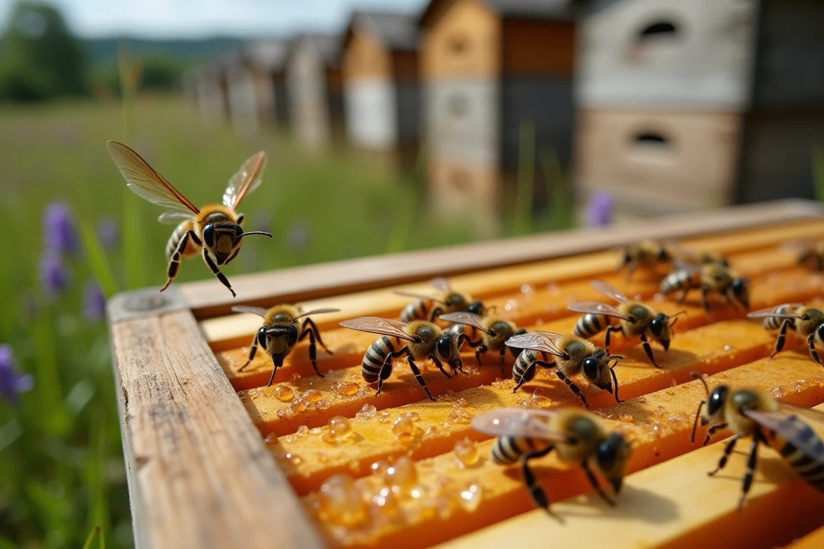 Frelon asiatique en vol près d'un cadre de ruche avec des abeilles mellifères dans un rucher de jardin
