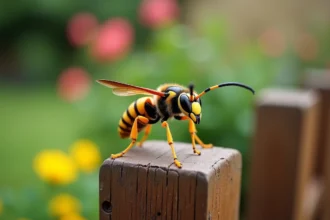 Frelon asiatique posé sur un piquet de clôture en bois dans un jardin, détail macro des ailes et de l'abdomen caractéristique