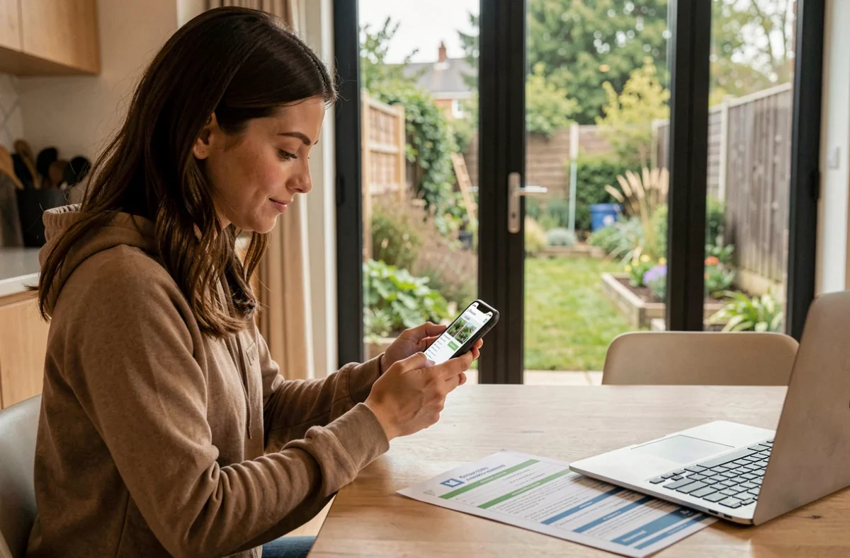 Utilisatrice consultant la plateforme Fryvy sur son smartphone pour trouver un jardinier indépendant vérifié