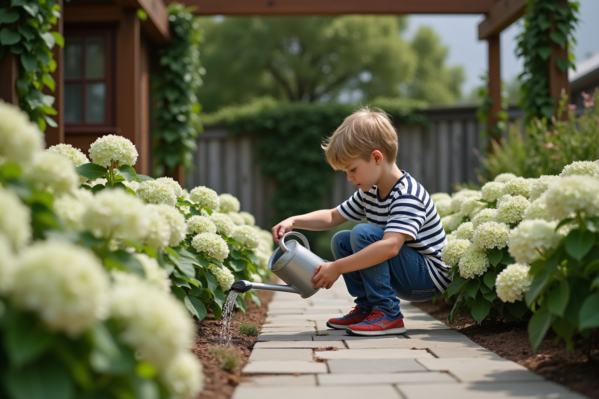 Jeune garçon arrosant hortensias dans le jardin