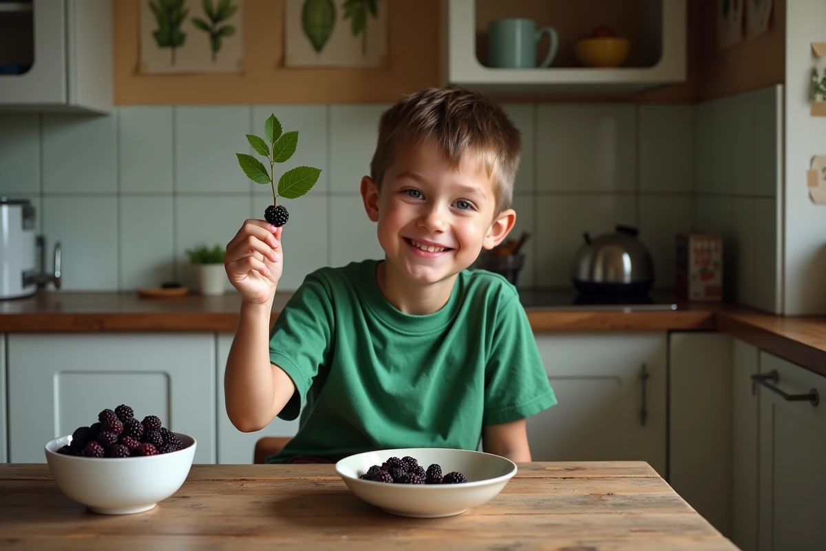 Jeune garçon tenant des branches de mûres dans la cuisine